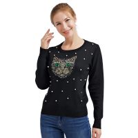 Custom fall fashion cheaper thin cat knitted pullover girl tops OEM o-neck long sleeve women Knitted