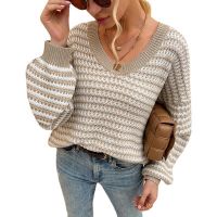 2021 New Design Custom Deep V Neck POM POM sleeve  Women&apos;s Knitted Sweater Acrylic Plus size Lo