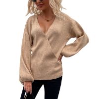 2021 Amazon hot sale women&apos;s sexy solid color cross wrapped chest Lantern Sleeve knitted sweate