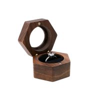 Luxury Hexagon Shape Wooden Ring Box Natural Walnut Wood Ring Display Box With Transparent Acrylic Lid