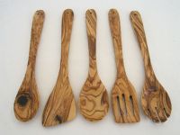 olive wood 5 set of utensils  fork, spoon, spatula