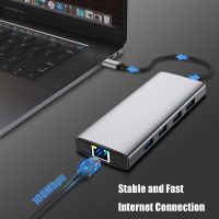 10-in-1 USB Hub Docking Station with USB-C Convert into USB-A 2.0 3.0 USB Type-C With HDMI 4K HDTV RJ45 Ethernet Network Lan SD TF Card Reader