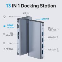 13-in-1 USB-C Hub Docking Station with HDMI 4K 60Hz HDTV VGA RJ45 Ethernet Network Adapter Audio Mic jack SD TF Card Reader USB3.0 USB2.0 USB Type C to Type C Cable 50cm