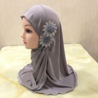 beautiful small girl Al amira hijab with flowers fit 2-7 years old muslim kids pull on islamic scarf headscarf