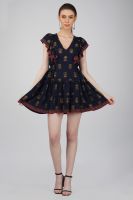 Sheqe Apparels Viscose Dress Floral Mini Dress For Women With Flutter Sleeves And V Neck (Blue)