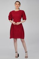 Sheqe Apparels Cotton Eyelet Dress For Women With 3/4 Sleeves And Round Neck Pink
