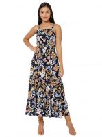  WOMEN'S COTTON BLUE COLOR FLORAL PRINT SMOKING FLARE MAXI DRESS.