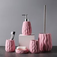  Ceramic Bathroom Accessories Set Embossed Solid Pink Soap Dispenser