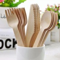 Wholesale Forks Spoons Knives Set Single use Wooden Cutlery 3 In 1 Disposable Wooden Cutlery Camping Travelling