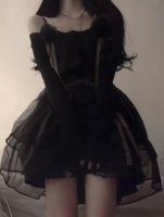 YN French mesh puffy skirt pink and black suspenders dress