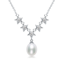 8~9mm Silver Freshwater Pearl Drop Necklace with Stars