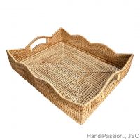 High Technique Square Rattan Serving Storage Tray Wave Edge And Cutout Handles Vietnam Hp - T027