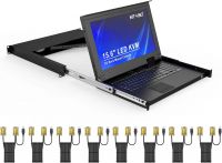MT-VIKI 1U Rack Mount KVM Console, 8 Port KVM VGA Switch W/15.6&#039;&#039; LCD Monitor, 1080P, Integrated Touchpad+Keyboard+8 KVM Cables