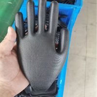 Custom Polyester Liner Black Elastic Cuff Glove Anti Slip Wear Resistance PU Coated Work Gloves