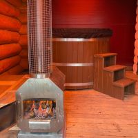Cedar plunge tub with external stove