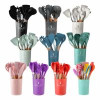 Premium Non Stick Cookware Spoons 12 Pcs Kitchen Cooking Utensils Silicone Kitchen Utensils Set With Wooden Handle