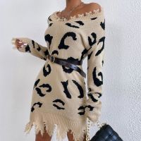 V-neck Leopard Dress Pattern Distressed Sweater Dress custom knit dress custom knit sweater custom long sweater