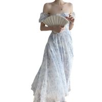 French Printed Dress Women's Summer 2024 New Short Sleeve Sense Sense Square Neck Off-the-shoulder Long Floral Dress