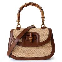 Hand-made bamboo cowhide casual bag for women