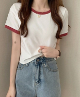 Color blocking round neck short sleeved t-shirt for women 2024 new summer base shirt Korean version slim fit short student top trend