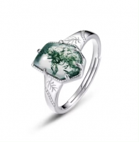 High Quality Nature Gemstone Fine Jewelry Sterling Silver 925 Geometric Shape Green Moss Agate Rings for Girl Man