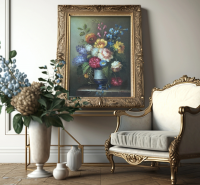 Vintage Floral Hand Painting In Golden Frame Oil On Wood French Art