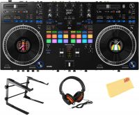 Pioneers DDJ-REV7 Scratch-Style 2-Channel Professional DJ Controller Bundle with Stand, Headphones, and Austin Bazaar Polishing Cloth