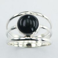 Triple Sterling Silver Open Band Round Black Agate Gemstone