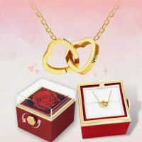 Custom Double Heart Engraved Necklace With Eternal Rose Box