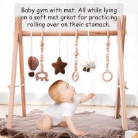 Wooden Baby Play Gym Play Mat Baby Gym with 6 Hanging Sensory Toys Foldable Baby Gym