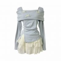 New style women's clothing spring and summer playful suit, one-character shoulder top, apricot half skirt, two-piece dress skirt