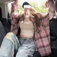 Pink brushed checkered shirt, summer new student top, loose design, Hong Kong style shirt, Korean version lightweight shirt