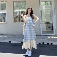Super pretty girl blue plaid camisole dress new summer vacation two-piece patchwork lace design long skirt