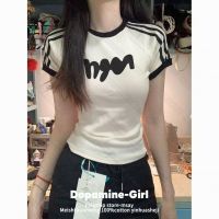 Korean Ins Sweet and Spicy Shoulder Short Sleeve Printed T-shirt for Women in Summer with Stripe Design, High End, Slim Fit and Look Thin Top