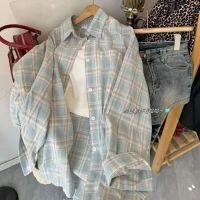 Blue shirt jacket, summer thin style sun protection checkered shirt for women, summer new Korean version loose outer shirt for women