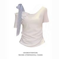 &atilde;€ Pure cotton &atilde;€‘ French sweet irregular strap short sleeved bow T-shirt new design slim fit top for women