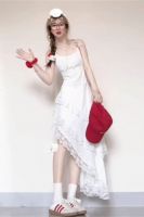 Yumana Summer Gentle White Bow Strap Dress Female Short Vacation Style Irregular Medium Long Dress
