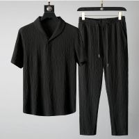 Summer new style trendy suit for men, thin fabric, short sleeves and long pants, fashionable and casual, light luxury, versatile and sporty suit