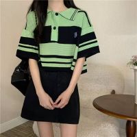 Polo collar knitwear T-shirt women's summer design sense niche striped shoulder loose slim short chic top