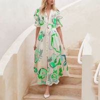 2025 New Spring Cross - border Women's Beach Dress, Slim Fit with Big Swing, All - Around Stretch Print, A - line, High - waist, V - neck, Puff Sleeve