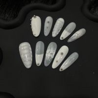 Purely handmade, small-batch, white crocodile-pattern French 2025 spring long pointed oval wearable nail art.