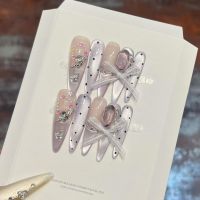 Original high-end light luxury ethereal purple cat's eye bow flower crown pure handmade wearable nail art