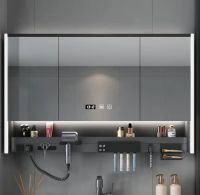 Intelligent Bathroom Mirror, Multifunctional Mirror Cabinet with Hairdryer Holder, Toothbrush Disinfection Rack, Shelf and Ambient Lights