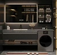 Smart Practical and Minimalist Integrated Rock - slab Bathroom Cabinet Set with Washer and Washbasin