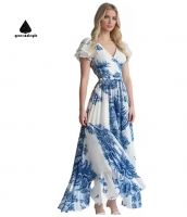 Green dimple V-neck printed dress short sleeve belt floral dress