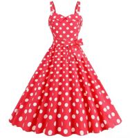 New women's retro summer dress with satin ribbon, square collar, polka dot printed suspender