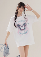 Sweet cool wind wash distressed butterfly embroidery short sleeve t-shirt women's fashion brand loose casual couple