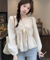 Lace V-neck Long Sleeve Shirt Women's Summer 2025 New Design Sense Drawstring Slimming Age Reduction Chic Top
