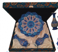 Gift Box Set of a Pair of Copper Enamel Vases and Plate in a Velvet Box
