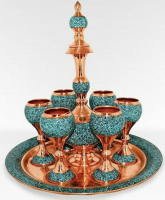 Luxury Persian Turquoise Inlay Drinkware Set, 6 Goblets, Carafe , Serving Tray
